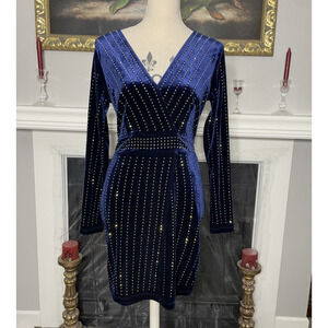 Windsor Blue Velvet Rhinestone Cocktail Party Bling Dress Large